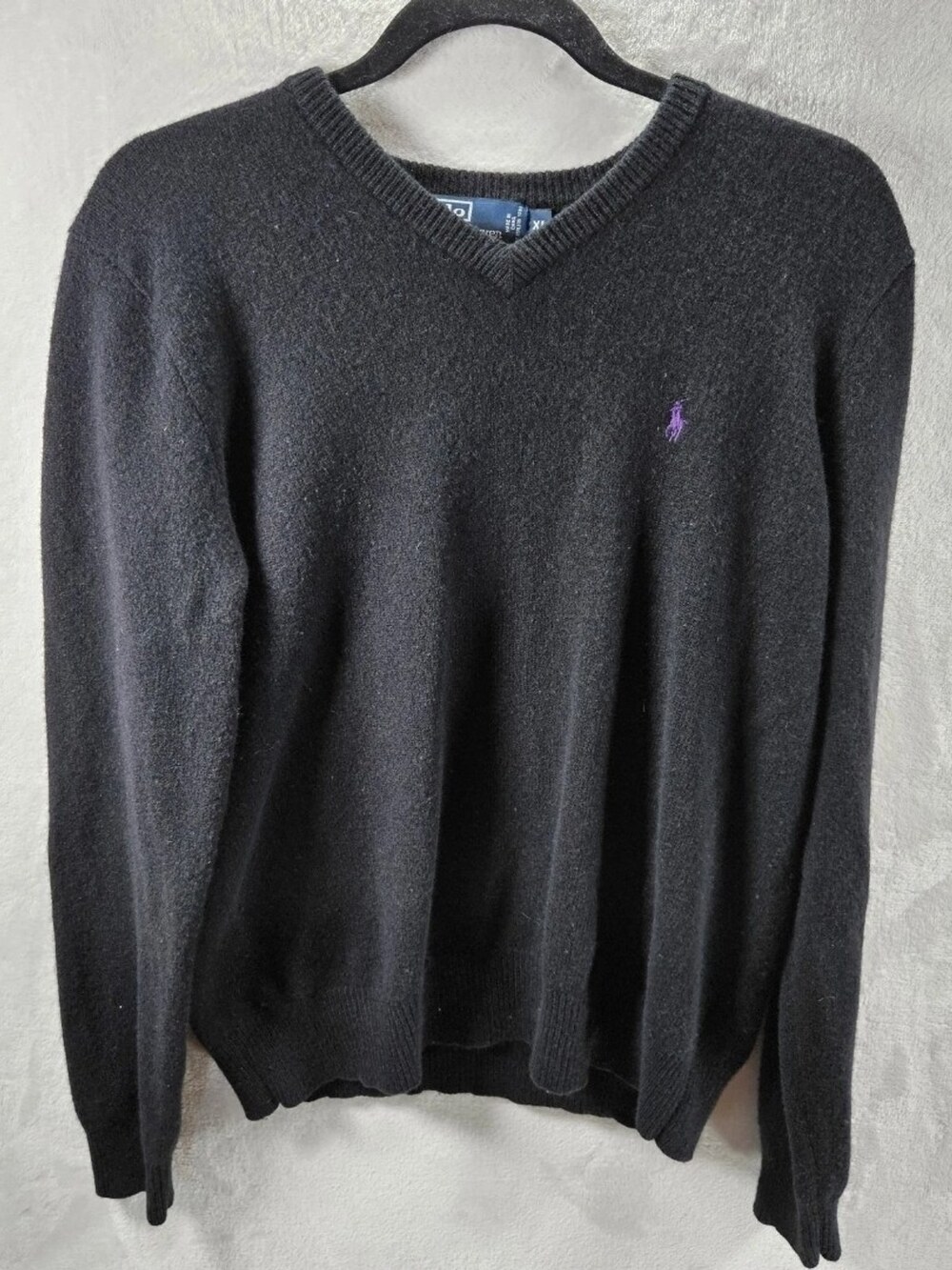 Polo Ralph Lauren V-Neck Pullover Sweater Black Lambswool Men's Size XL *Fits M